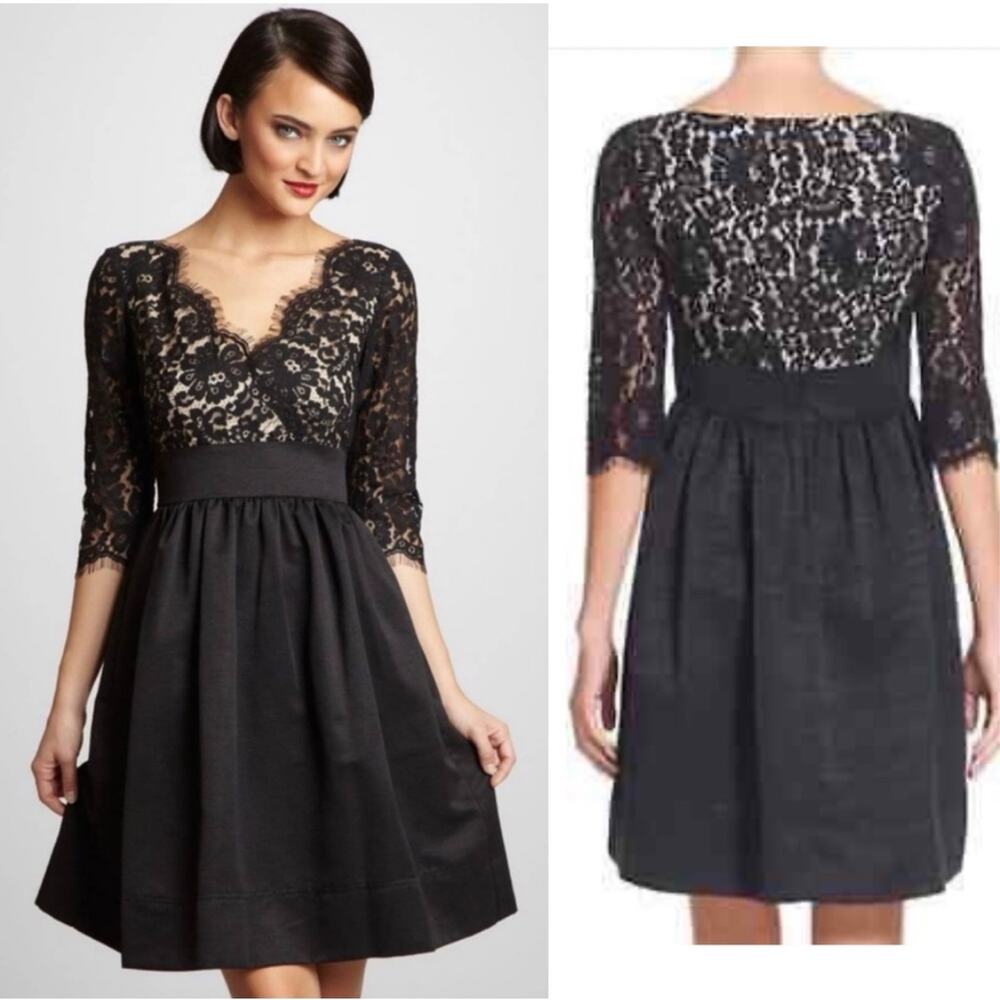 Eliza J Dress Black Lace Quarter Sleeve V-Neck Pleated Skirt Lined Vintage Midi